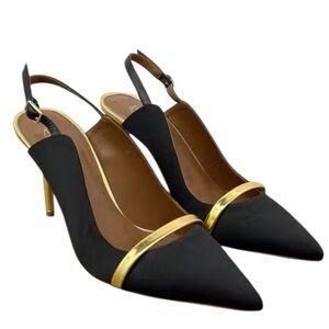Malone Souliers Black and Gold Slingback Heels